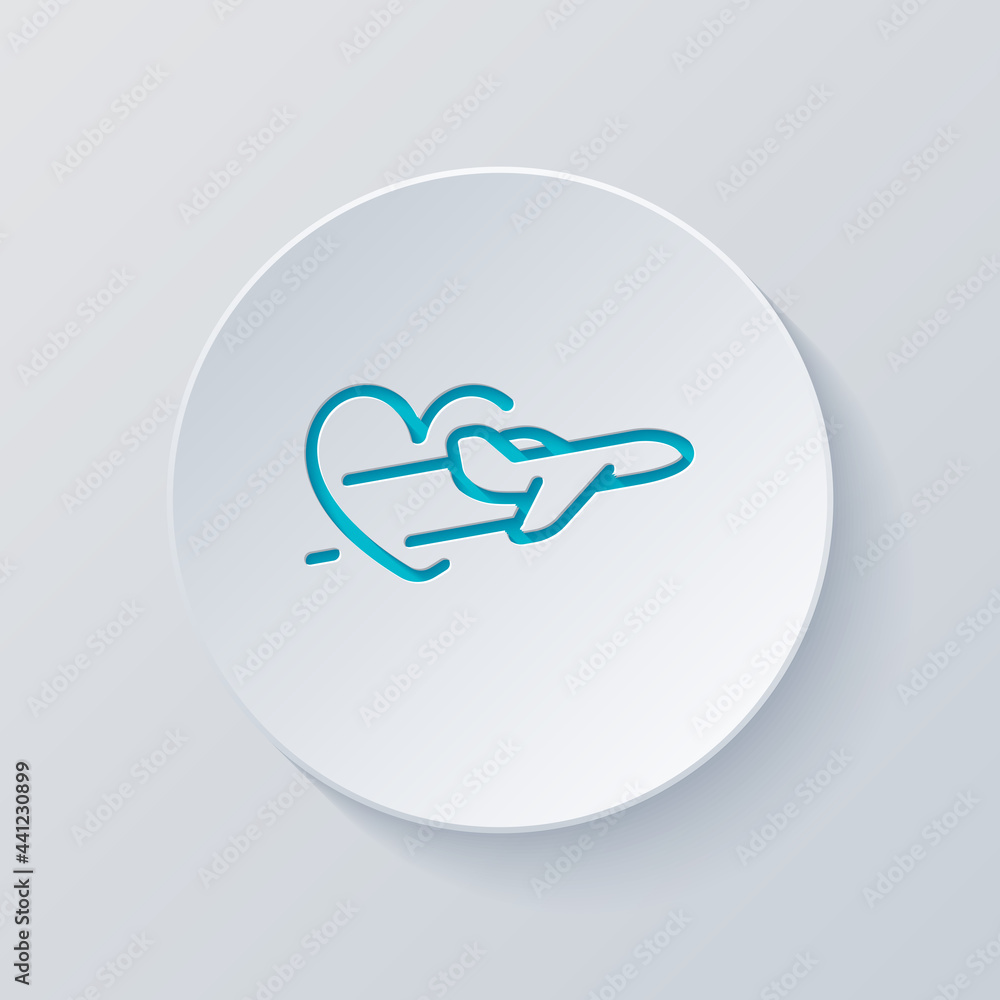 Plane and heart, love of travel, simple business icon. Cut circle with gray and blue layers. Paper style Plane and heart, love of travel, simple business icon. Cut circle with gray and blue layers. Paper style
