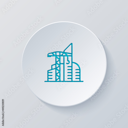 Construction crane, building machine, simple icon. Cut circle with gray and blue layers. Paper style