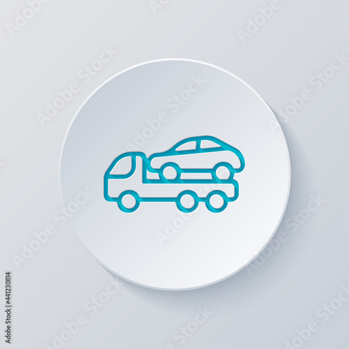 Car towing Truck, service for drivers, simple icon. Cut circle with gray and blue layers. Paper style