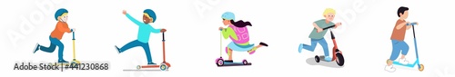 Vector set. Children ride the electric scooter according to their lifestyle. Tricks on a small bike. The joy of living on the street. Happy characters. Different skin color. Color illustration.
