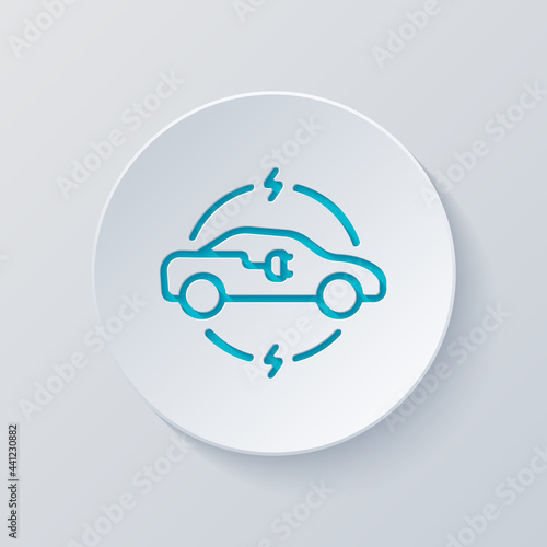 Modern electric car, green energy, simple icon. Cut circle with gray and blue layers. Paper style
