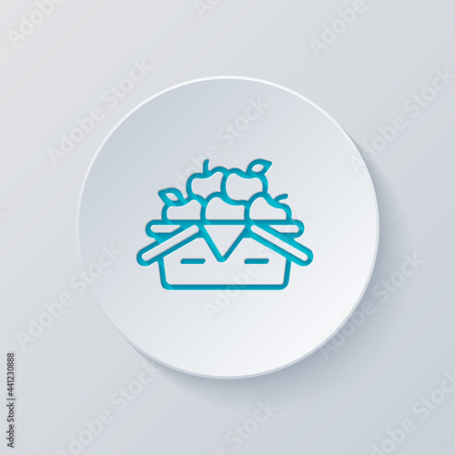 Box with fruits, simple icon. Cut circle with gray and blue layers. Paper style