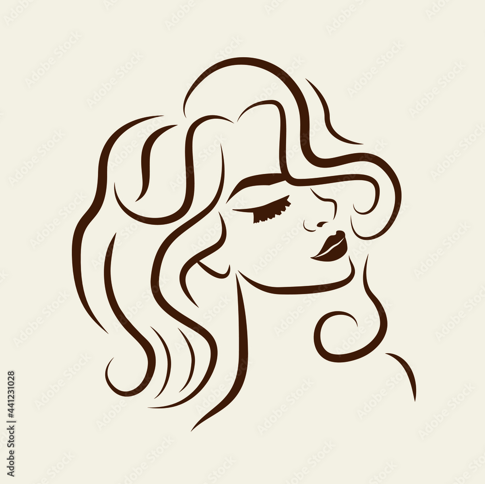 Vector minimalistic portrait of a woman. Beautiful, sexy girl, line drawing. Hand-drawn print. Fashionable feminine hairstyle, retro style, curls. Illustration for a beauty salon. Styling, hairstyle