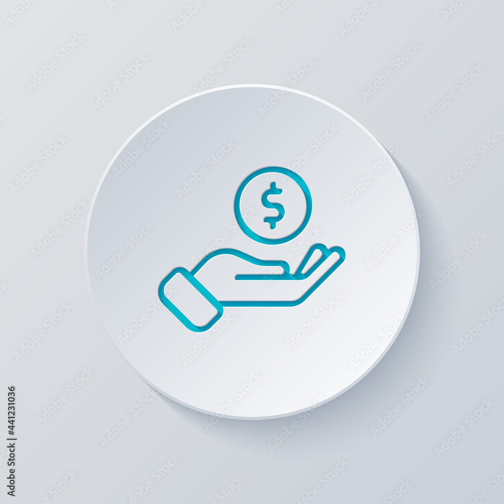 Hand and money, giving a cash, simple icon. Cut circle with gray and blue layers. Paper style Hand and money, giving a cash, simple icon. Cut circle with gray and blue layers. Paper style