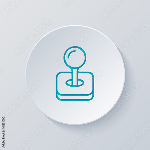 Retro joystick of old video games, simple icon. Cut circle with gray and blue layers. Paper style