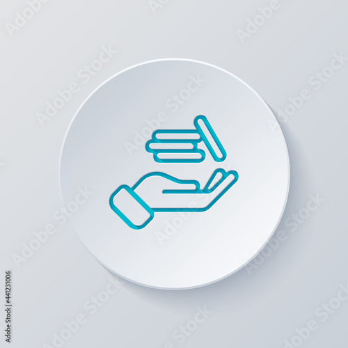 Hand and money, giving a cash, simple icon. Cut circle with gray and blue layers. Paper style