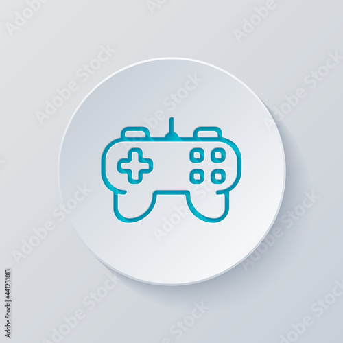 Joystick of video console, game controller, simple icon. Cut circle with gray and blue layers. Paper style