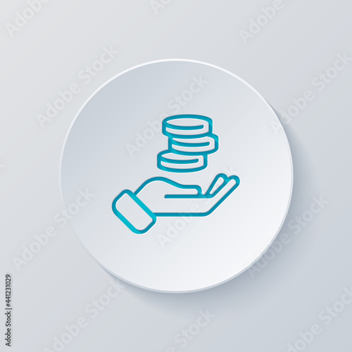 Hand and money, giving a cash, simple icon. Cut circle with gray and blue layers. Paper style