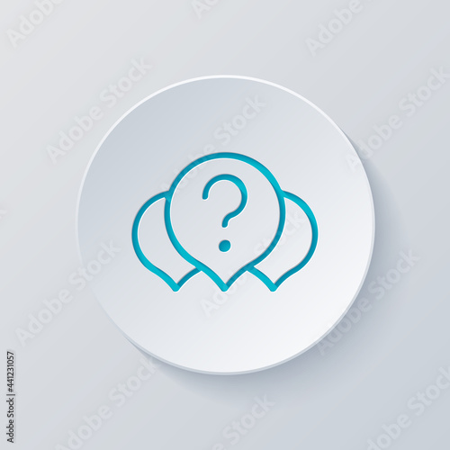 Question mark in bubble, simple icon of faq or chat. Cut circle with gray and blue layers. Paper style