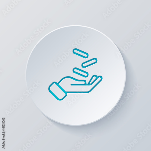 Hand and money, giving a cash, simple icon. Cut circle with gray and blue layers. Paper style