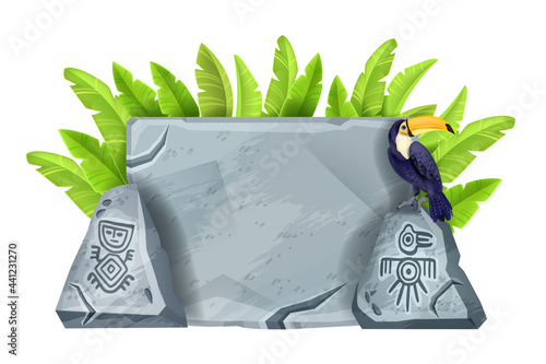 Stone cartoon vector sign board illustration, ancient Maya gray rock, toucan, banana leaf isolated on white. Aztec tribal boulder, ancient civilization symbol, cracked panel. Stone sign tablet clipart