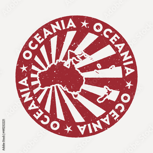 Oceania stamp. Travel red rubber stamp with the map of the continent, vector illustration. Can be used as insignia, logotype, label, sticker, or badge of Oceania.