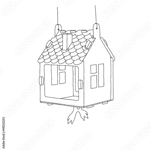 Black hand drawn outline vector illustration of A birdhouse or squirrel house from new boards is hanging on a tree in the forest isolated on a white background