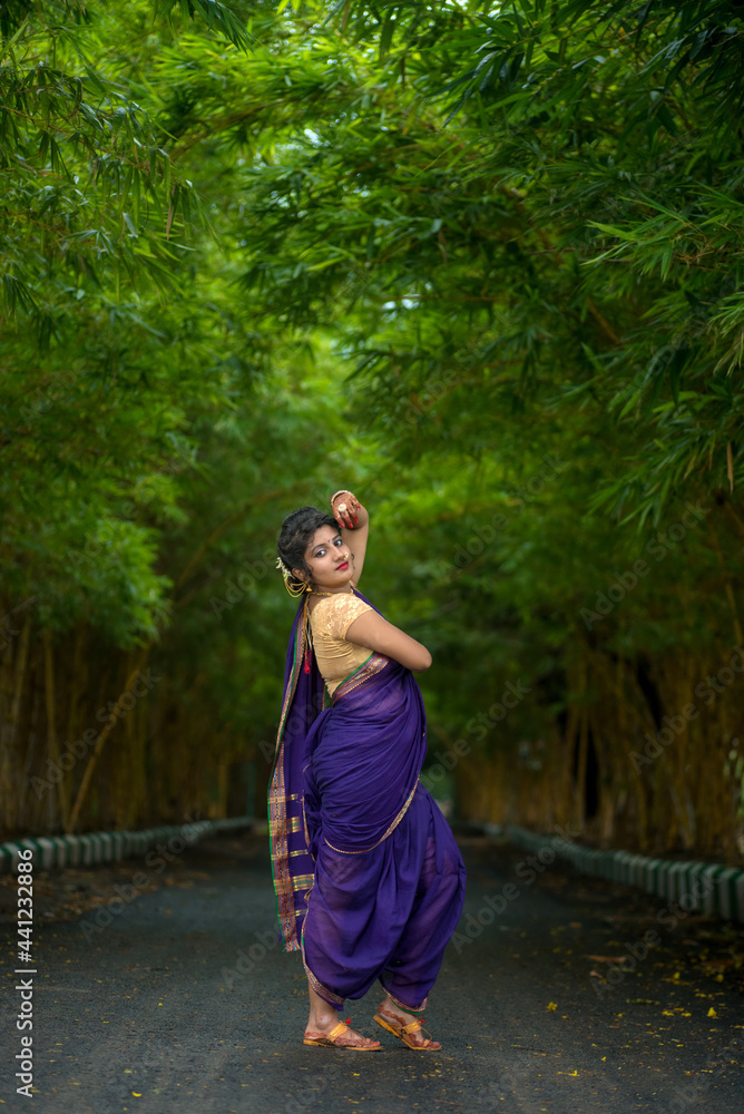 Indian Traditional Beautiful young girl in saree posing outdoors Stock ...