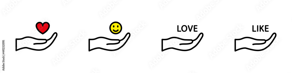 Conjunto de iconos de estados de ánimo en la mano. Amor, felicidad, me gusta, corazón. Ilustración vectorial Conjunto de iconos de estados de ánimo en la mano. Amor, felicidad, me gusta, corazón. Ilustración vectorial