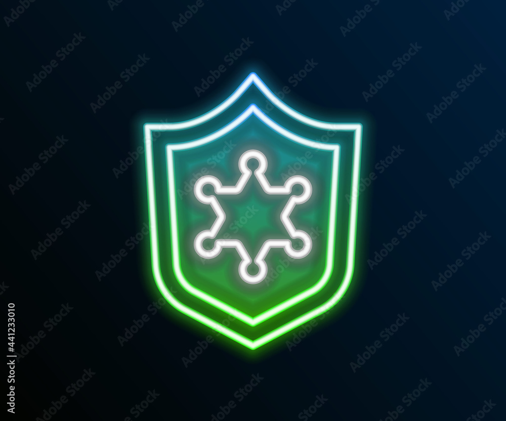 Glowing neon line Police badge icon isolated on black background. Sheriff badge sign. Colorful outline concept. Vector Glowing neon line Police badge icon isolated on black background. Sheriff badge sign. Colorful outline concept. Vector