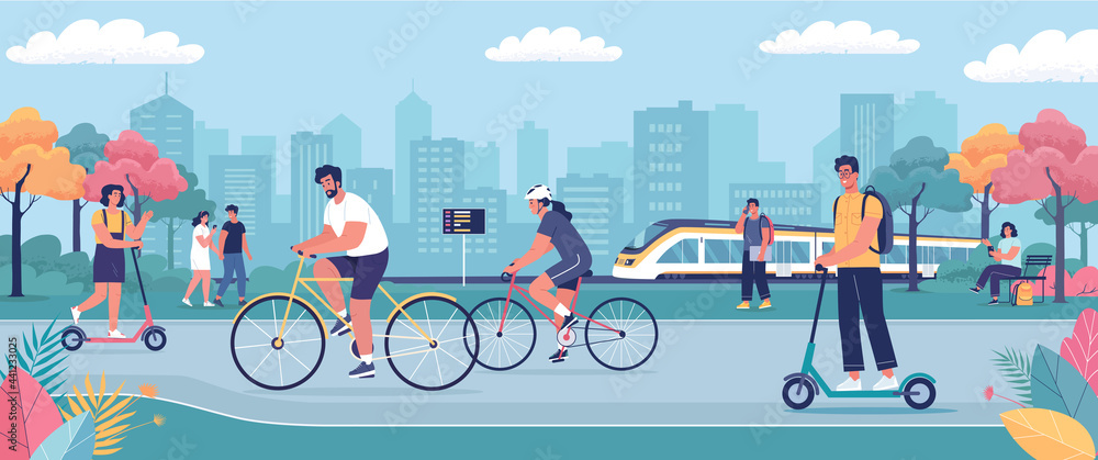 Modern people walking, riding and resting in the green eco city park