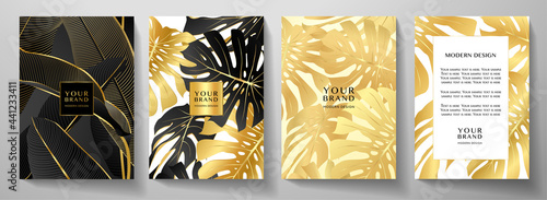 Luxury tropical cover design set with gold palm branch (Banana leaf, golden Monstera plant) on black. Exotic background vector pattern for premium cafe menu template, summer holiday poster, wedding