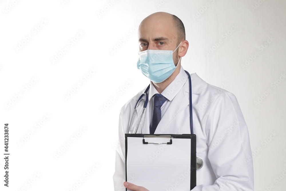 Portrait of professional man in mask with stethoscope, isolated on white background