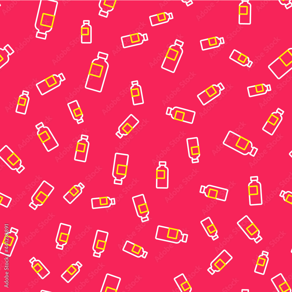 Line Fitness shaker icon isolated seamless pattern on red background. Sports shaker bottle with lid for water and protein cocktails. Vector Line Fitness shaker icon isolated seamless pattern on red background. Sports shaker bottle with lid for water and protein cocktails. Vector