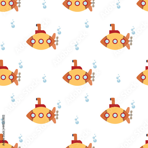 Seamless nautical pattern. Backgrounds with yellow submarine and bubbles. Vector illustration.