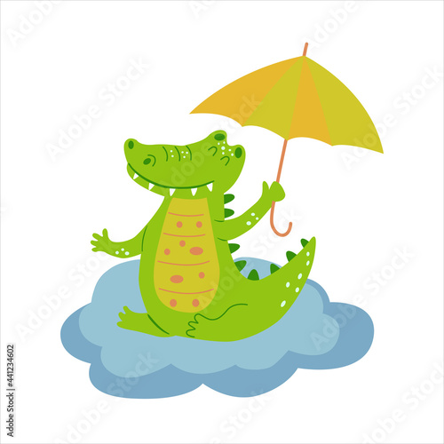 Image with cute cartoon crocodile on a blue  cloud. Vector graphics on a white background. For the design of posters  postcards  notebook covers  childrens illustrations  prints for mugs