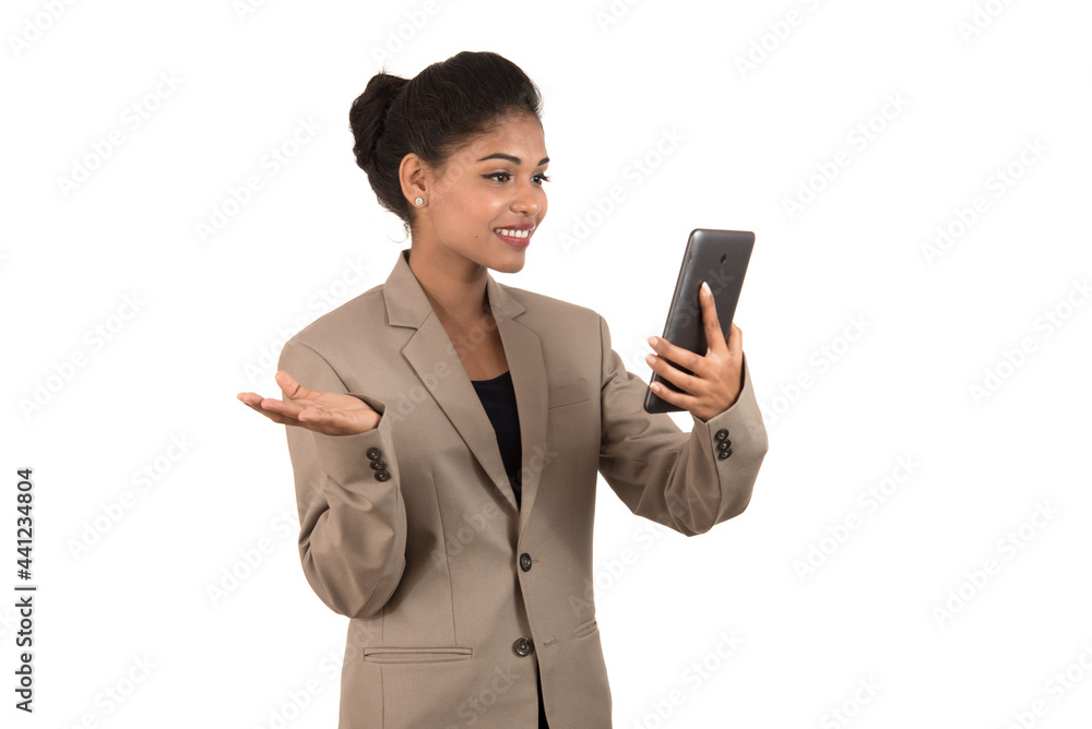 Beautiful woman talking in a video conference online by using smartphone Beautiful woman talking in a video conference online by using smartphone