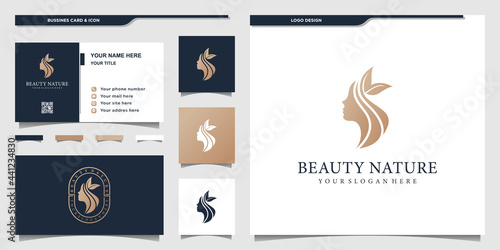 Beauty woman's face flower logo with golden gradient colors and business card design. Premium Vector