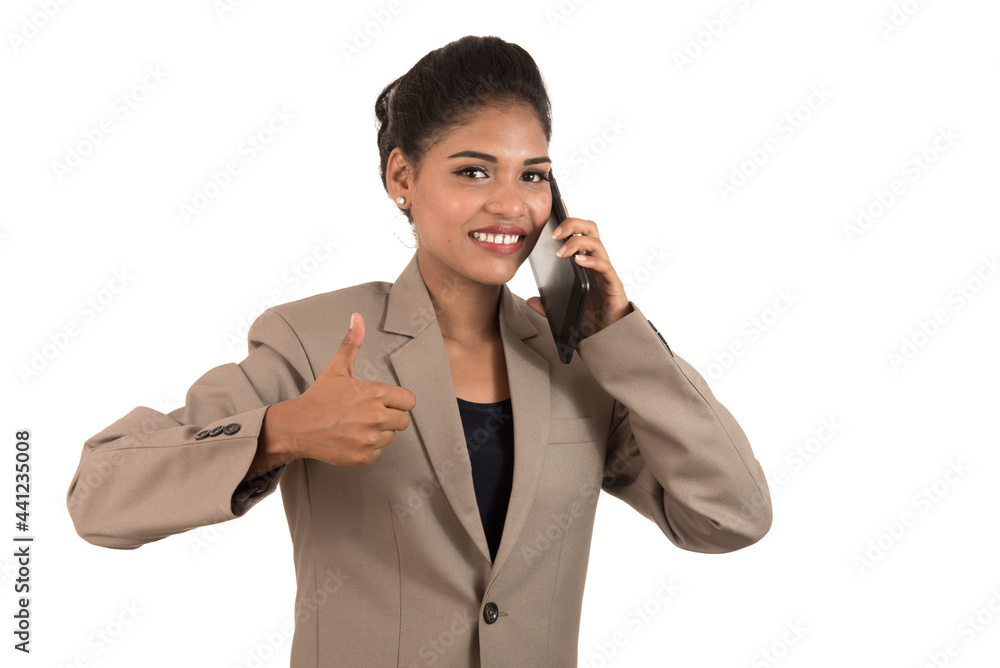 business woman talking on mobile phone and showing thumb up Isolated on white background.