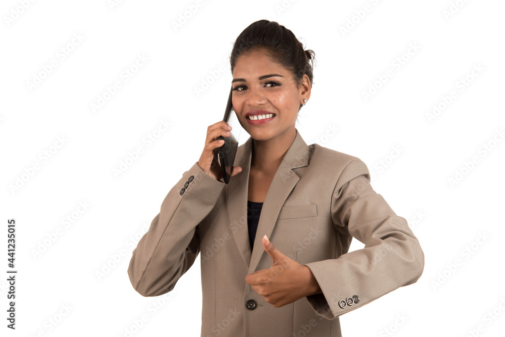 business woman talking on mobile phone and showing thumb up Isolated on white background. business woman talking on mobile phone and showing thumb up Isolated on white background.