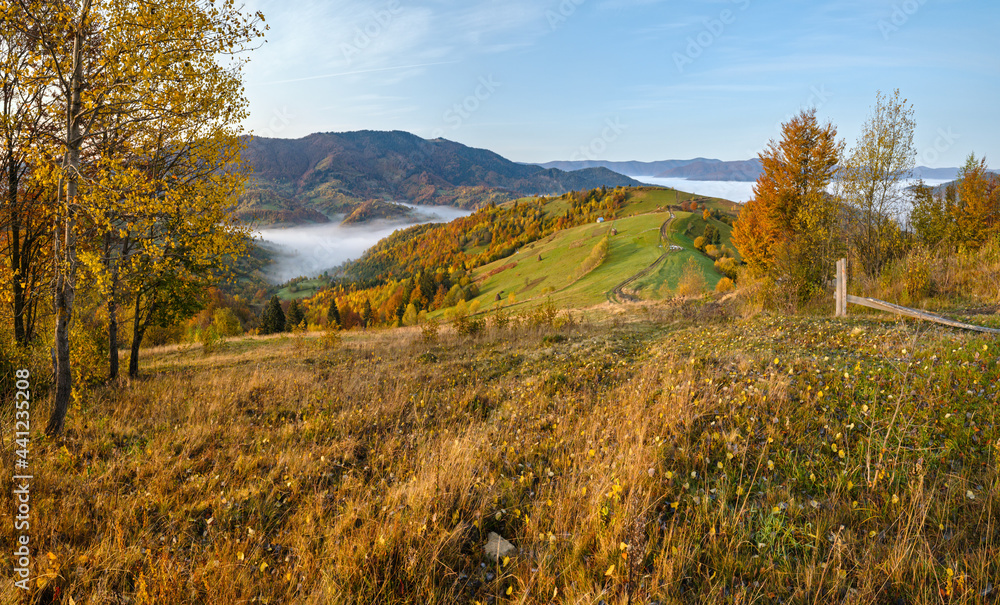 Morning foggy clouds in autumn mountain countryside.  Ukraine, Carpathian Mountains, Transcarpathia.
