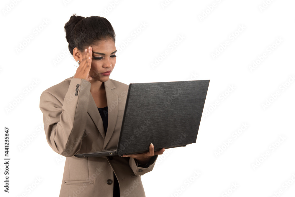 Thoughtful woman with a laptop - isolated over a white background Thoughtful woman with a laptop - isolated over a white background