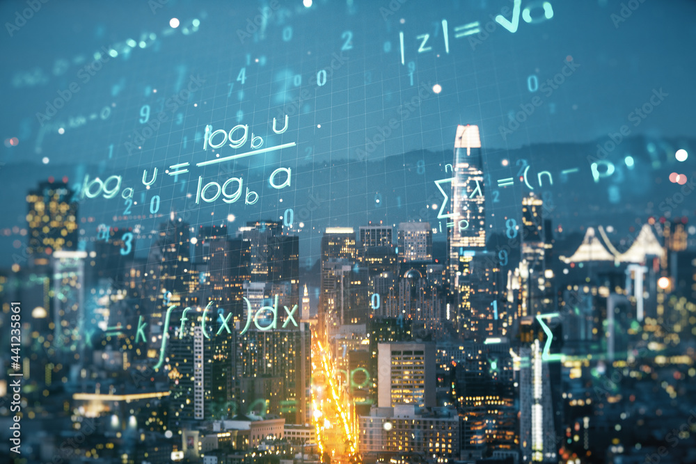 Abstract scientific formula hologram on San Francisco skyline background. Multiexposure Abstract scientific formula hologram on San Francisco skyline background. Multiexposure
