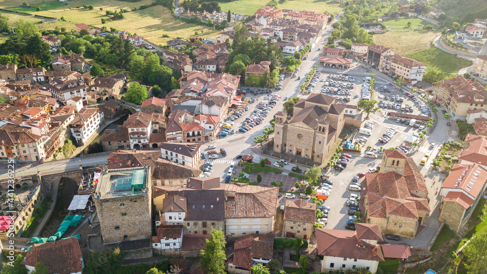 aerial view of potes medieval town, Spain