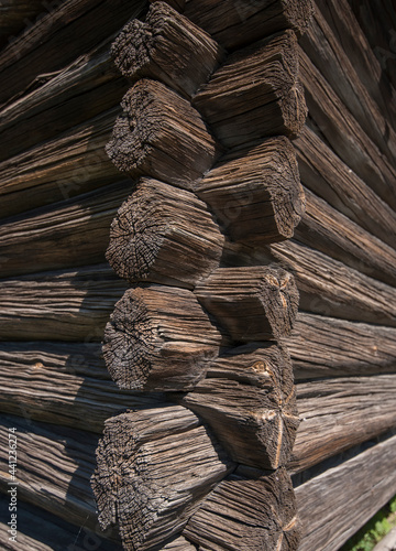 Horizontal logs interlocked at the corners by notching on an old log house in Stockholm