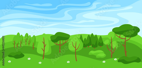 Summer landscape with forest  trees and bushes.