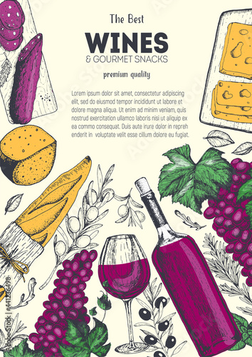 Wines and gourmet snacks frame vector illustration. Cheese, sausages, bread, grape hand drawn. Gourmet food set. Colored design template