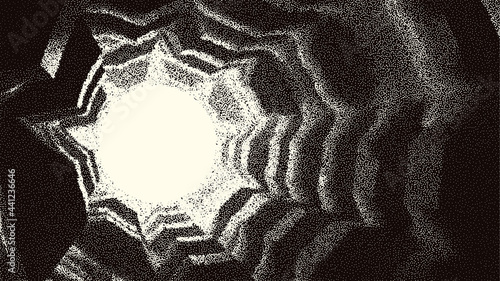 Retro styled docking corridor on space station or light at the end of tunnel concept for sci-fi poster or flyer. Gate or cave with dotwork style.