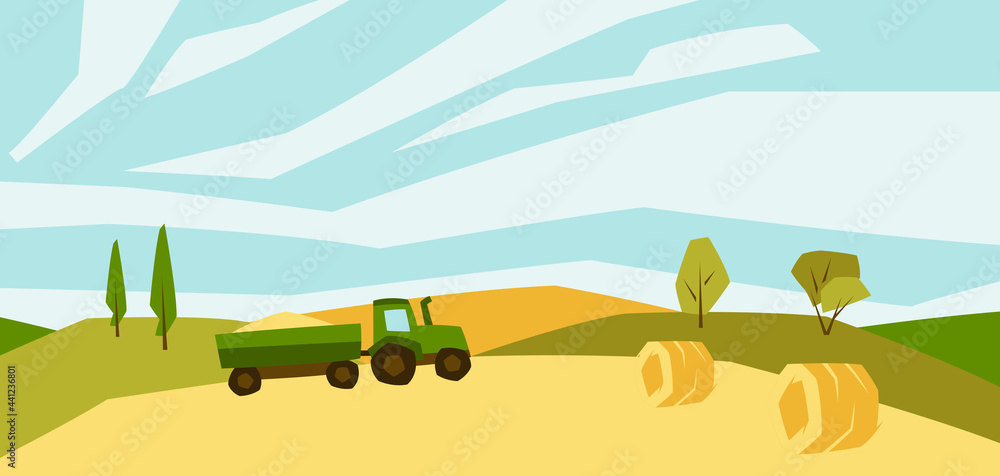 Illustration of harvested agricultural field. Autumn landscape with trees and hills.
