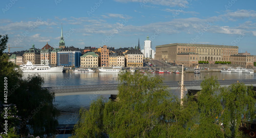 View over the old town Gamla Stan, the island Blasieholmen and the bay Strömmen from the canon battery park Batteriparken on the island Skeppsholmen in Stockholm