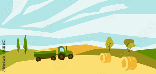 Illustration of harvested agricultural field. Autumn landscape with trees and hills.