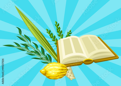 Happy Sukkot greeting card. Holiday background with Jewish festival traditional symbols.