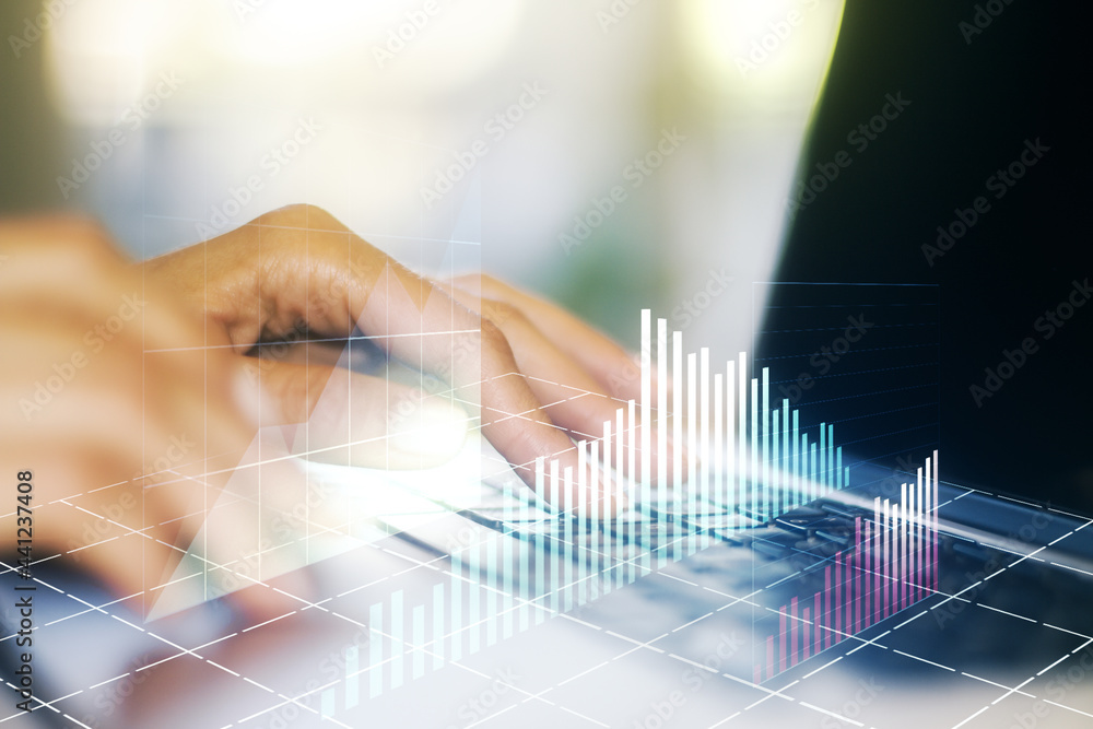 Multi exposure of abstract financial diagram with hand typing on computer keyboard on background, banking and accounting concept Multi exposure of abstract financial diagram with hand typing on computer keyboard on background, banking and accounting concept