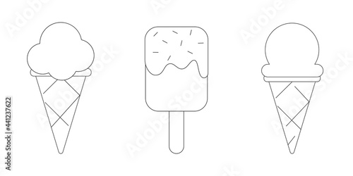 Ice cream linear icons. Popsicle, waffle cone, scoop of ice cream. Vector illustration