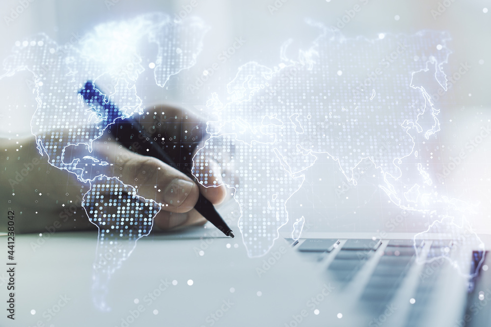 Multi exposure of abstract graphic world map and hand writing in notepad on background with laptop, connection and communication concept Multi exposure of abstract graphic world map and hand writing in notepad on background with laptop, connection and communication concept