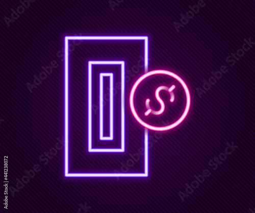 Glowing neon line Hand inserting coin to a slot on a vending machine or arcade machine icon isolated on black background. Colorful outline concept. Vector