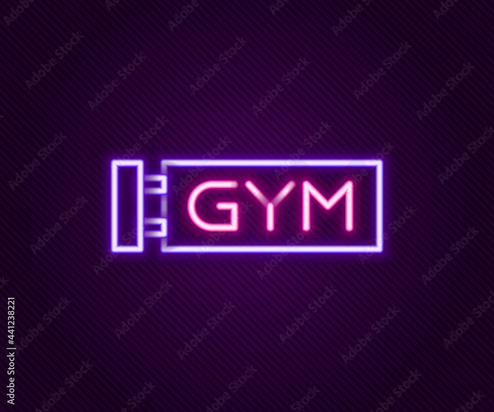 Glowing neon line Location gym icon isolated on black background. Colorful outline concept. Vector Glowing neon line Location gym icon isolated on black background. Colorful outline concept. Vector