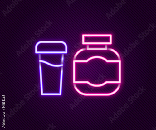 Glowing neon line Sports nutrition bodybuilding proteine power drink and food icon isolated on black background. Colorful outline concept. Vector