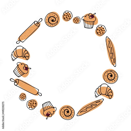 Baking round frame. Flat various pastries for logo, emblem, label. Sweets and desserts Cooking template. Bake shop pastry frame. Sweet baked food cupcake, bun, loaf, cookies, croissant and roll