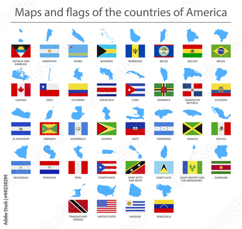 North and South America. Country border maps and flags. Vector illustration